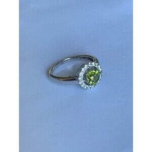 Peridot Halo Ring Size 7 White Topaz Rhodium Plated .925 Sterling Silver
